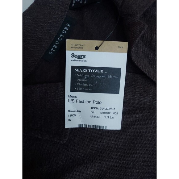 NWT Mens STRUCTURE Brown Heather LS Polo Shirt Size L Normcore Grandpa Dadcore - Picture 3 of 6